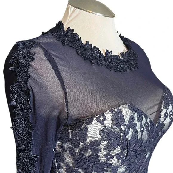 Chi Chi London Navy Lace Illusion Neck Long Sleeve Pleated Fit Flare Dress